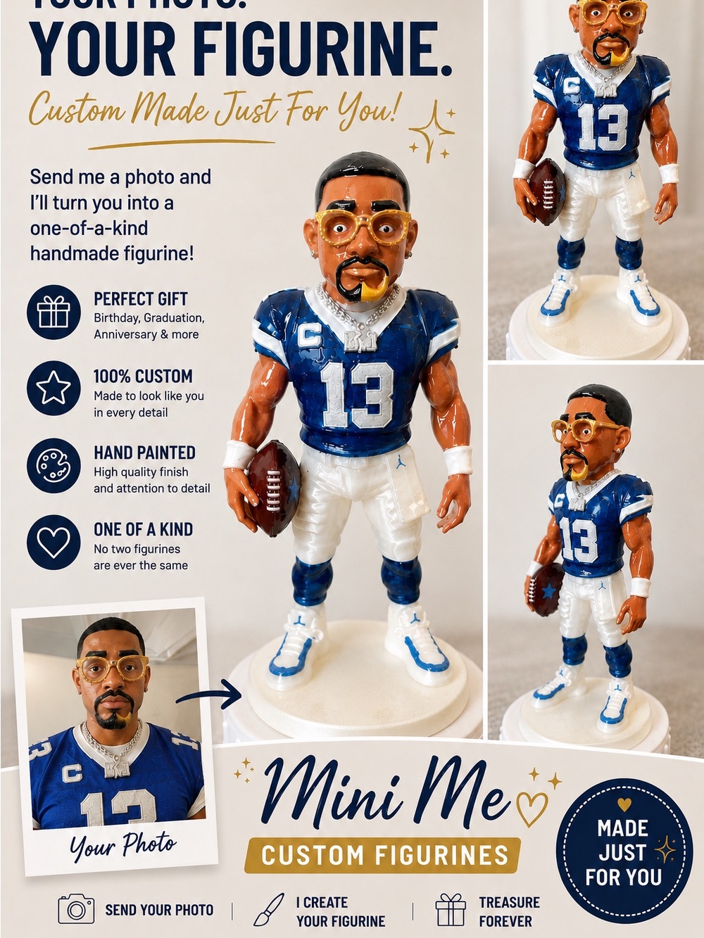 Custom 'Mini Me' Football Player Figurine - Blue & White Jersey